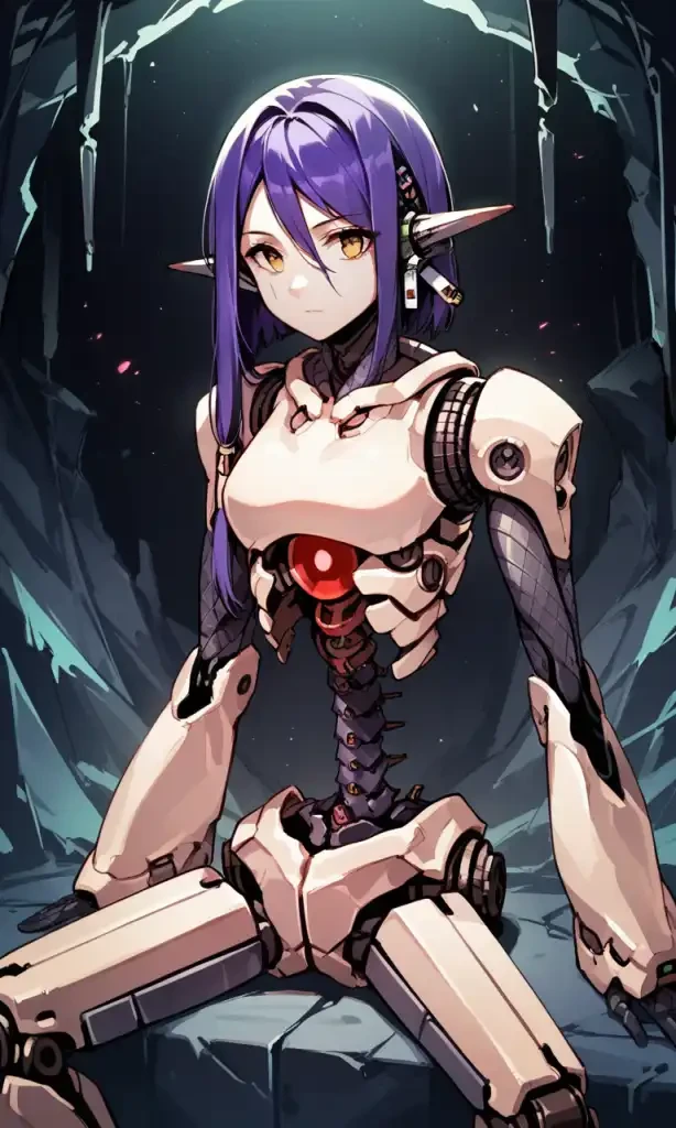 score_9, score_8_up, score_7_up, source_anime BREAK, 1girl, solo, Olympia, android, robot joints, mechanical parts, pointy ears, underground, cave, purple hair, portrait, upper body, sitting, legs spread,