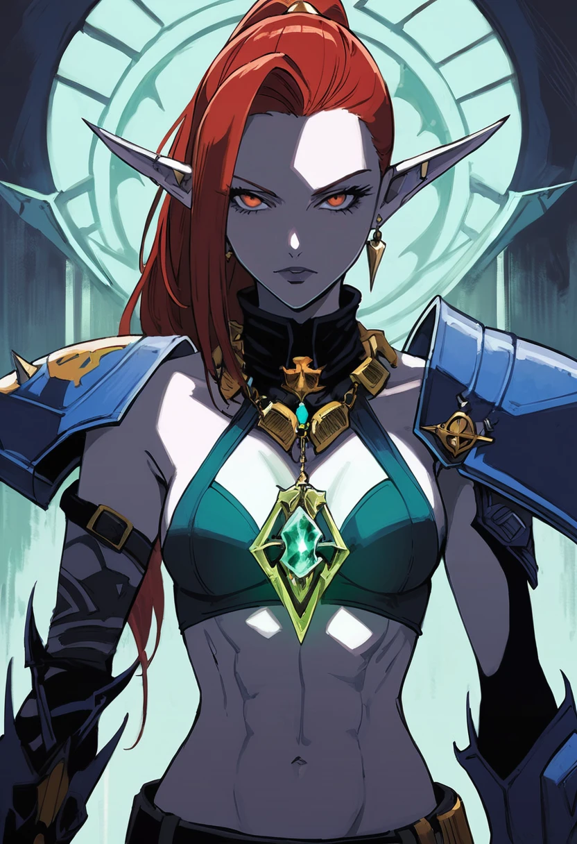 Anime Illustration, 1woman, Craftworld Eldar, Warhammer 40K, Aeldari Armor, naval, midriff, abs, single pauldron, small breasts, abs, pale skin, bald, long ponytail, red hair, jewelry, necklace, spirit stone, hazel eyes, straight on, beautiful, solo, upper body, gaze, portal background, extremely detailed, absurdres, masterpiece, cel shading