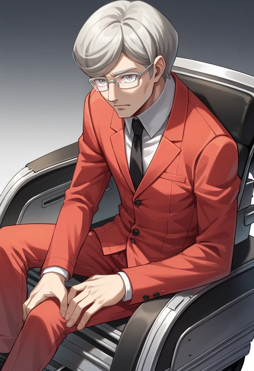 score_9, score_8_up, score_7_up, source_anime BREAK 1boy, solo,
 <lora:zs_StephenXL:1> stephensmt, grey hair, short hair, grey eyes, glasses, red blazer, white shirt, black tie, red pants, wheelchair, sitting