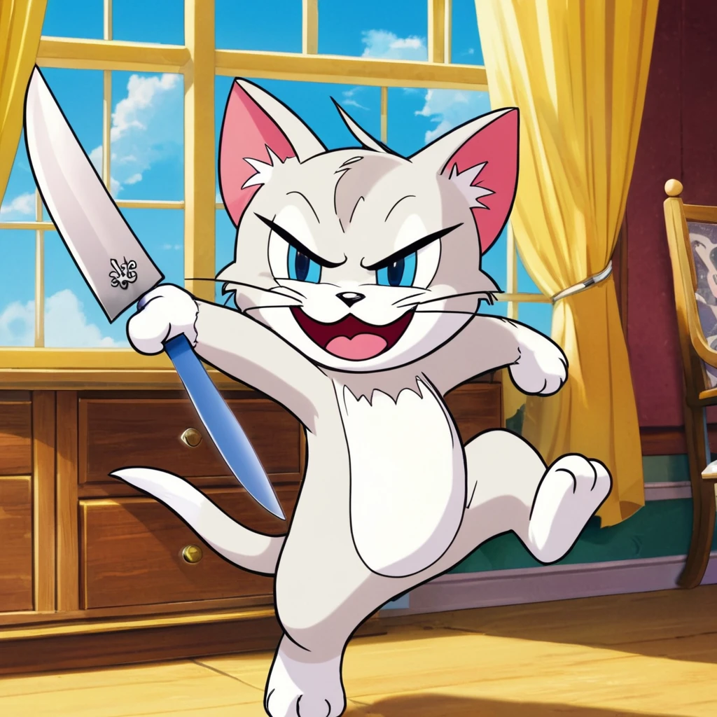 anime artwork of  <lora:animated cartoon style:0.9>
Toodles Galore A cartoon animated picture of a sinister villain white evil cartoon creepycat is running with a knife and creepy smile to the camera, animated cartoon style, solo, looking at viewer, smile, blue eyes, 1boy, dress, holding, indoors, grin, arms up, window, chair, parody, curtains, knife, furry, pink dress, holding knife, drawer, meowth
, anime style, key visual, vibrant, studio anime,  highly detailed