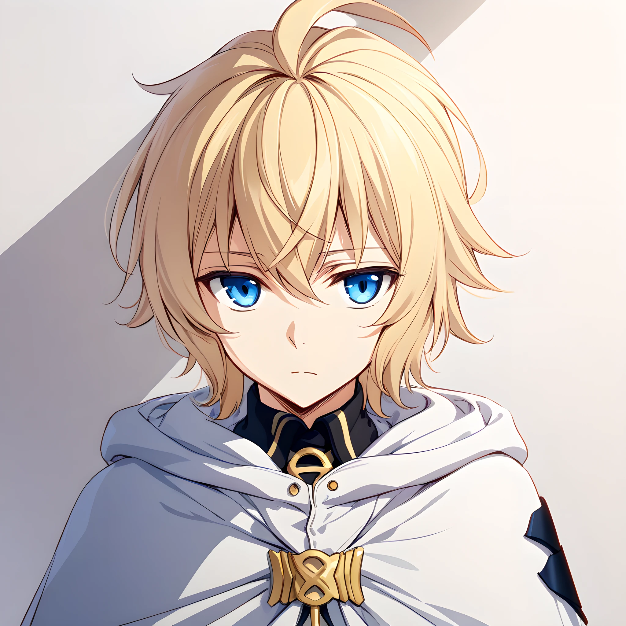 (masterpiece),(best quality),(ultra-detailed),(best illustration),(best shadow),(absurdres),(detailed background),(very aesthetic),hyakuya mikaela, 1boy, male focus, blue eyes, solo, blonde hair, white background, simple background, cloak, hood, upper body, closed mouth, expressionless, hood down<lora:mikaela:1>