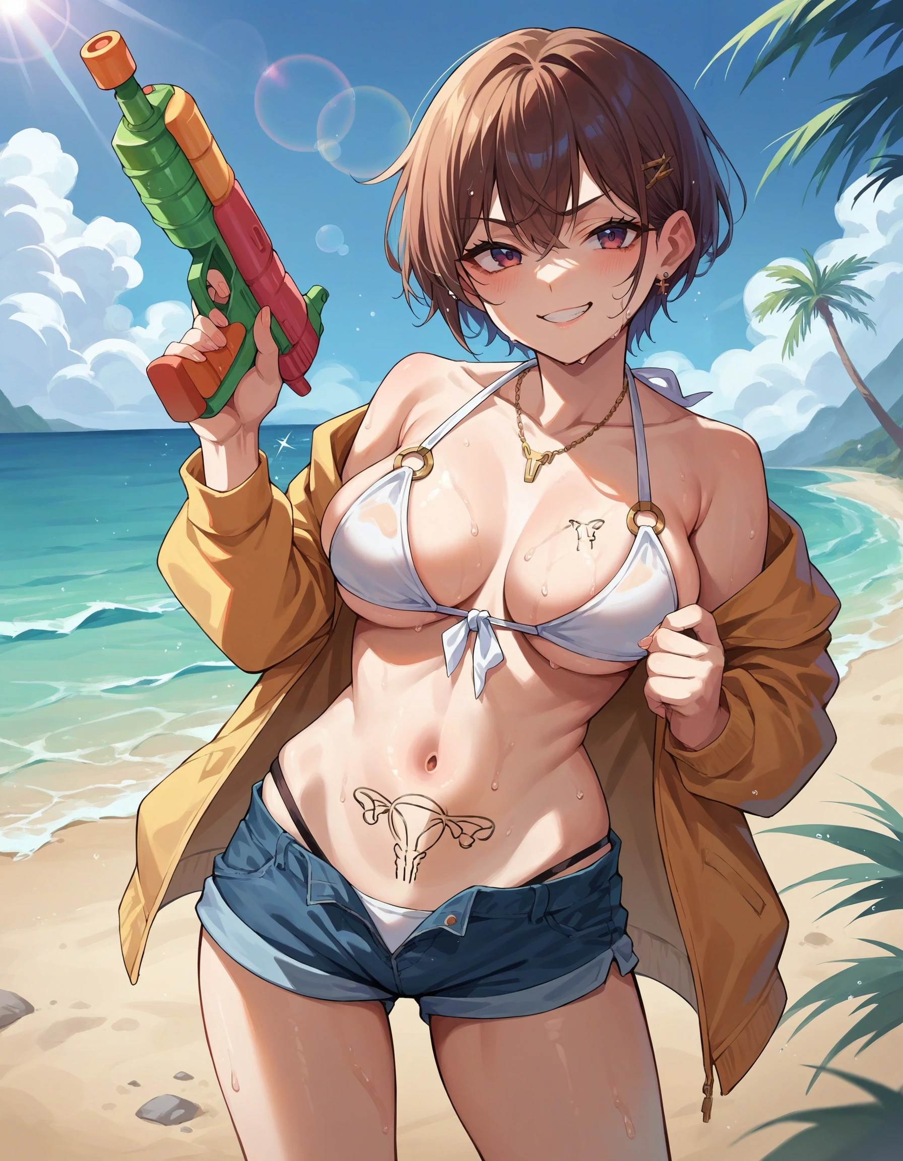 masterpiece, Highest quality,Super detailed,One girl, Ikazuchi_Kantai Collectrion-Kancolle-,smile, (panties), Wet clothes, Nipples, ,((Flat Chest, Small breasts, flat chest)), show off panties