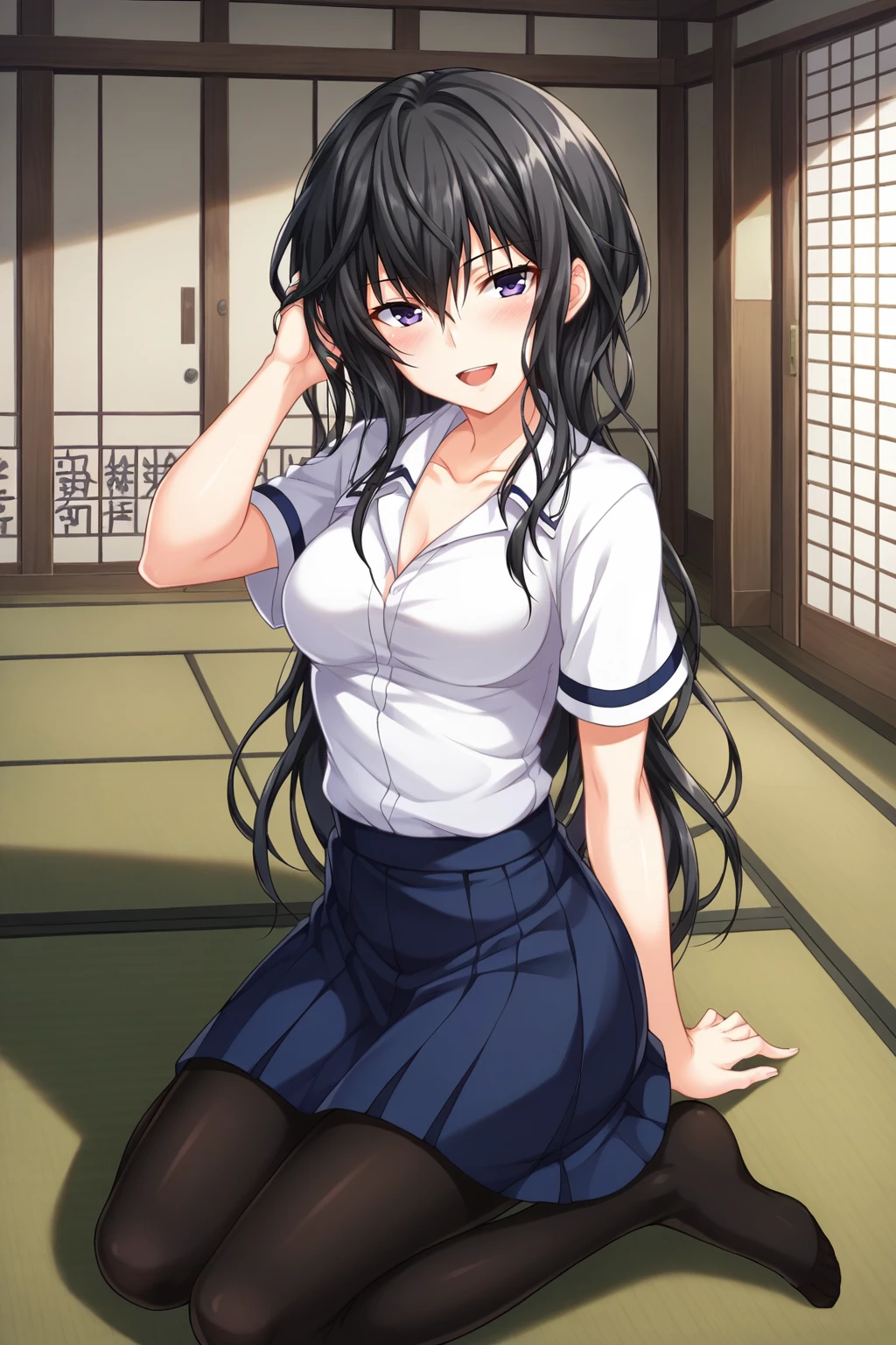 score_9, score_8_up, score_7_up, source_anime, 1girl, prefect lighting, very aesthetic, intricate details, highly detailed background, masterpiece, high quality, prefect hands, best quality, solo,
<lora:Benkei_Majikoi_V1:.7>, black hair, dark purple eyes, long hair, hair between eyes, 
white school uniform, blue skirt, white collar shirt, open collar, collarbone, black pantyhose,
from side, adjusting hair, smirk, blush, open mouth, on knees, sitting, kneeling, 
dojo, wooden floor, sliding doors, dim lighting,
(Beautiful, medium Breasts:1.2), natural breasts,