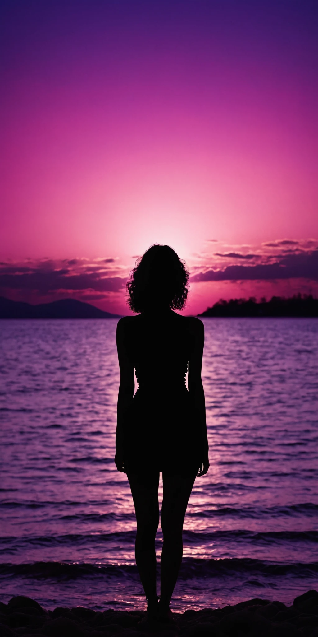 Woman's back,silhouette,pink and purple sky,sunset,serene,warm,surrealism style,high contrast,high definition photography,<lora:HMSGåªå½±XL-000001:0.8>,