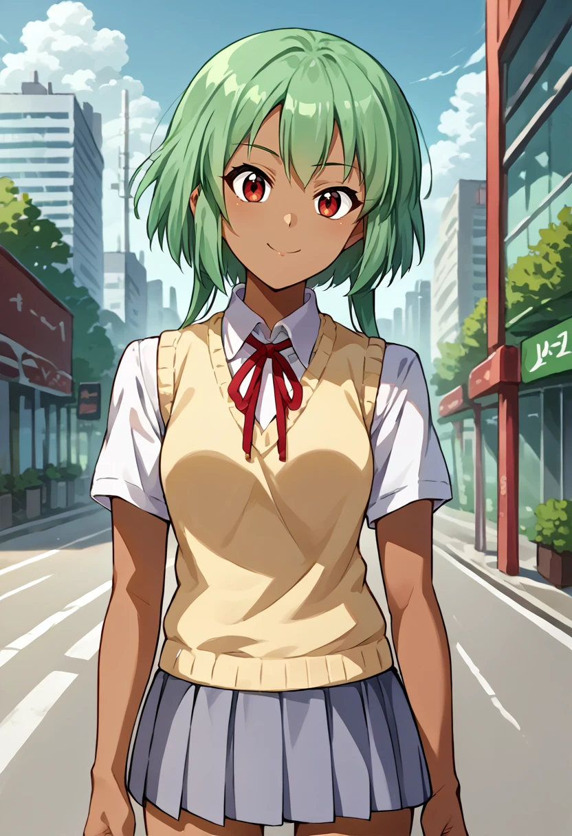 score_9, score_8_up, source_anime, 1girl, solo, EmeraldSustrai, dark skin, short hair with long locks, SakuragaokaSummer, sakuragaoka high school uniform, sweater vest, neck ribbon, short sleeves, grey skirt, outdoors, smile, city, <lora:ChamSakuragaokaHighPonyXL:1>, <lora:ChamEmeraldSustraiPonyXL:1>