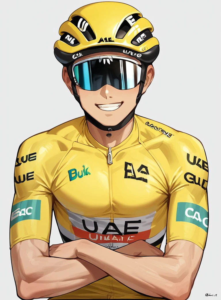 score_9, score_8_up, score_7_up, score_6_up,br, 4,8k, 1boy ,source_anime, BREAK,tadej_pogacar,portrait of tadej_pogacar, yellow cycling jersey<lora:tadej_pobacar:1> , simple background, helmet, smile, crossed arms