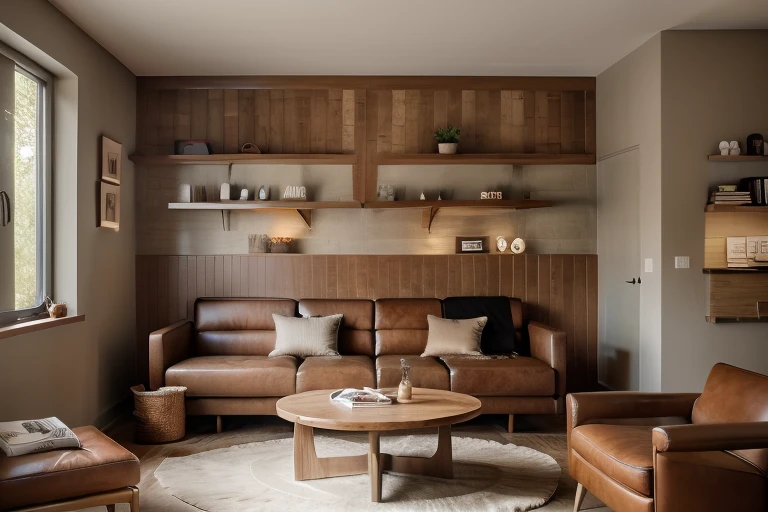 bedroom, bed, desk, books,Modern interior,warm tones,dark red wooden grid wall,layered and textured. Leather sofa,dark brown,clean lines,cozy. Round glass coffee table,cylindrical base,minimalistic. Wall lightbox sign,soft glow. (window:0.9),consistent design. Floor,warm beige,smooth finish,contemporary style,cozy,sophisticated,modern minimalist,<lora:redbrick:0.6>,