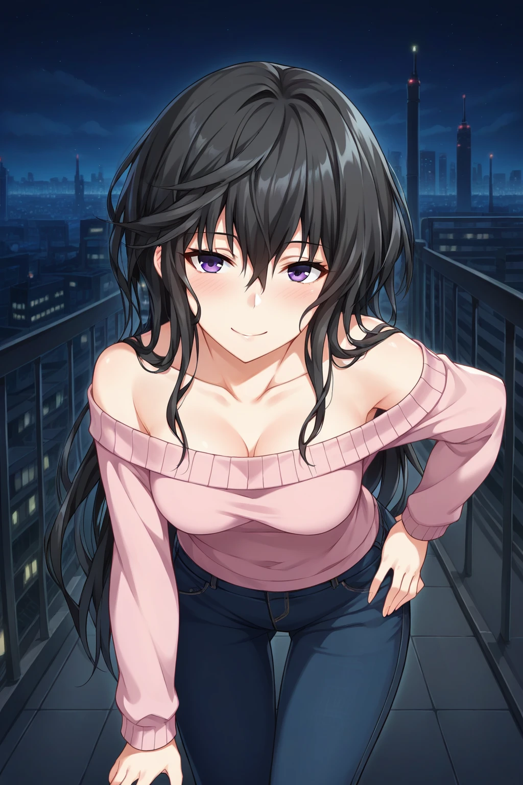 score_9, score_8_up, score_7_up, source_anime, 1girl, prefect lighting, very aesthetic, intricate details, highly detailed background, masterpiece, high quality, prefect hands, best quality, solo,
<lora:Benkei_Majikoi_V1:.7>, black hair, dark purple eyes, long hair, hair between eyes, 
jeans, pink sweater, long sleeves, off shoulder, 
hand on own hip, leaning forward, from above, POV, downblouse, seductive smile, blush, 
city, night, dark sky, skyscraper, city lights,
(Beautiful, medium Breasts:1.2), natural breasts,