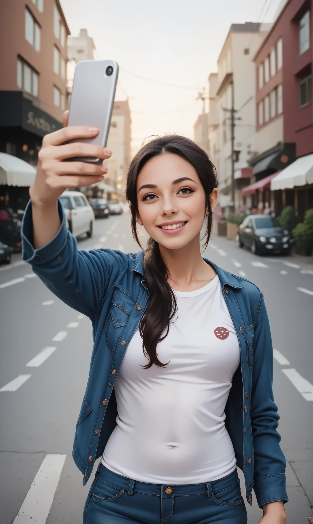 score_9, score_8_up, score_7_up, BREAK, TkSelf, (slim female) standing in street cafe and taking a selfie. The female wears purple hot-pants and top,  long brunette ponytail   <lora:TakeSelfiePony:1>