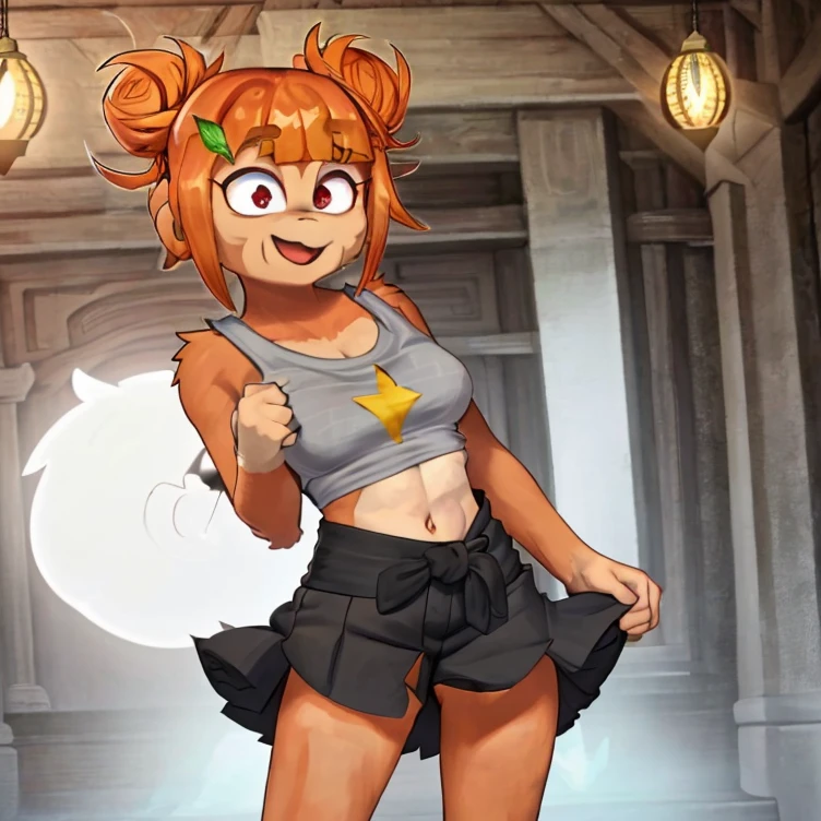 masterpiece, best quality, perfect image, best image, wallpaper, HD, UHD, best lighting, amazing, 1girl, solo,  tank top, black leggings, furry female, monkey girl, furry, double bun, orange hair, red eyes, monkey tail, side burns, leaf hair ornament, fur body, rosalia, standing, indoors, 