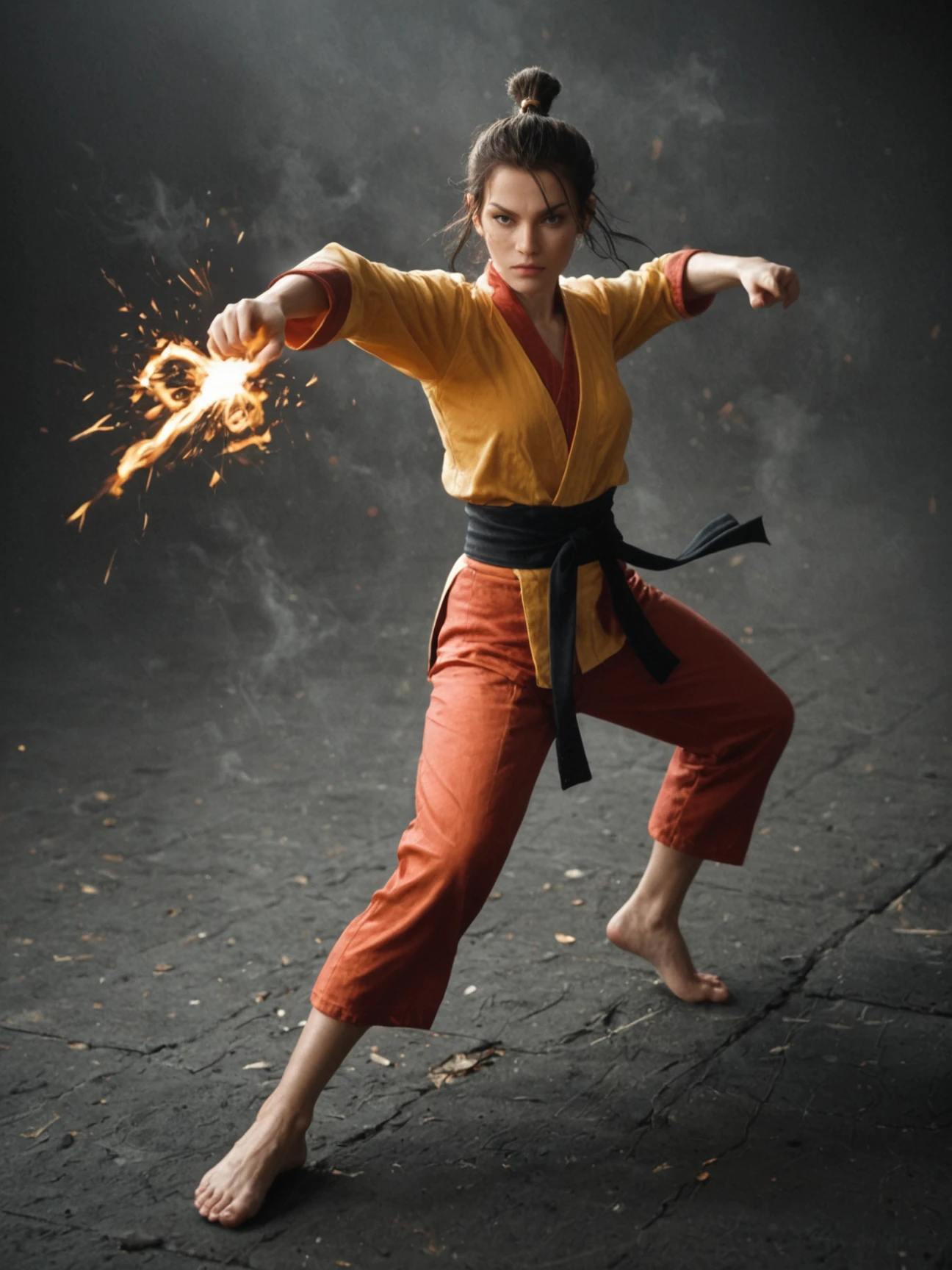 1girl, Fire bender, sexy outfit, flames, sparks, dynamic, powerful, elemental, magic, intense, gaze, martial arts stance, energetic, mystical, sparks, swirling, orange, red, fierce, background, realistic, score_9, score_8_up, score_7_up, score_6_up