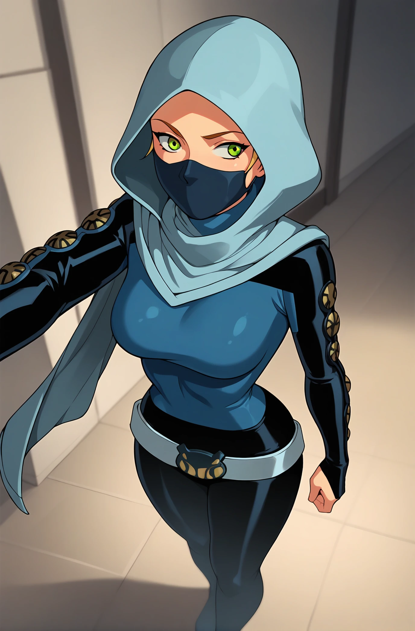 score_9, score_8_up, score_7_up, score_6_up, vivid colors, shiny skin, skindentation, deep skin, depth of field, high quality, highres, (dynamic angle,dynamic pose), source_cartoon
futuregwenxl, 1girl, solo, medium breasts, green eyes, belt, hood, shirt, long sleeves, scarf, looking to the side, mask, hood up, mouth mask, hooded bodysuit, gwen tennyson
BREAK
masterpiece,high quality
<lora:Future_Gwen_Ben10Pony:0.9>