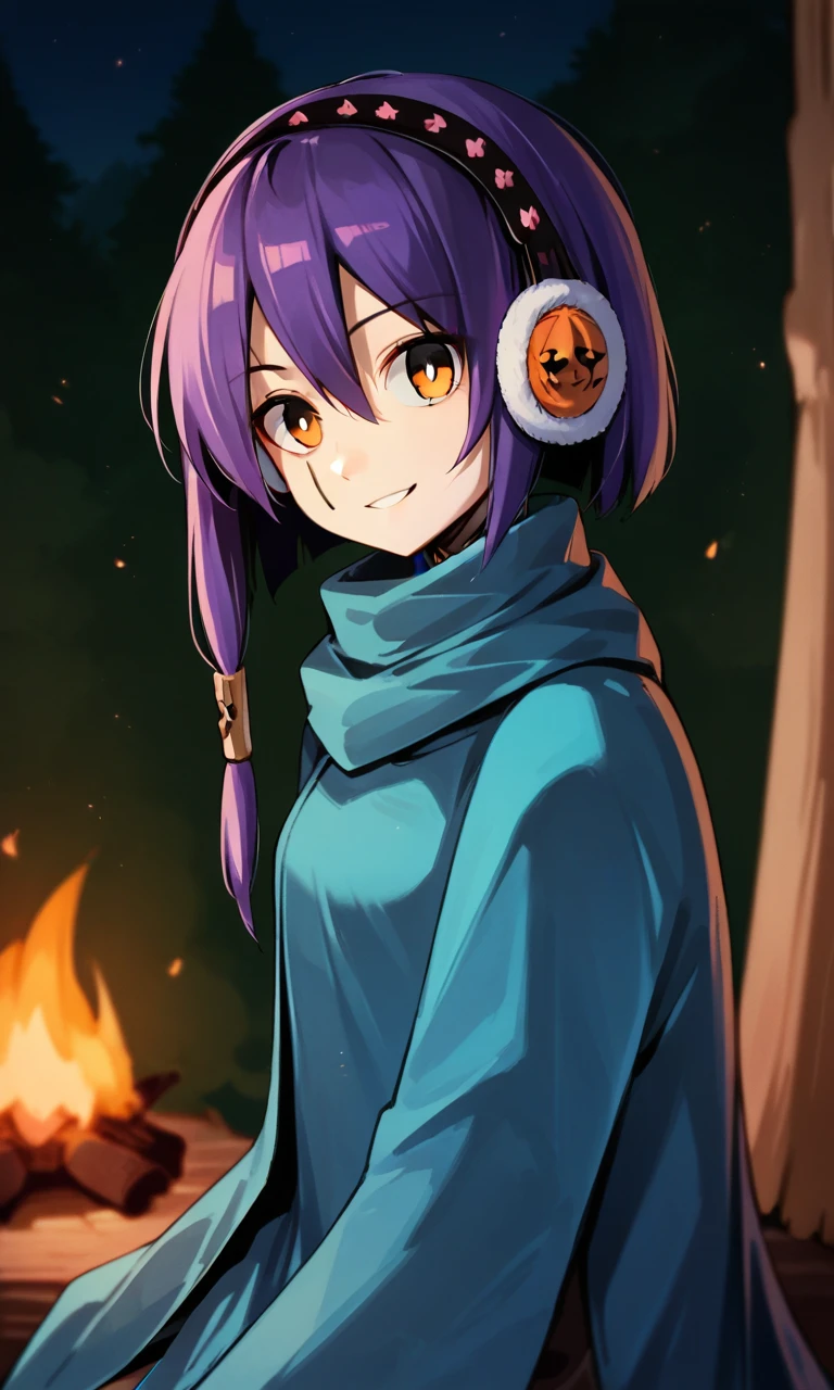 score_9, score_8_up, score_7_up, source_anime BREAK, 1girl, solo, Olympia, android, cloak, earmuffs, smile, forest, upper body, portrait, purple hair, sitting on log, night, campfire, from side, looking at viewer, 