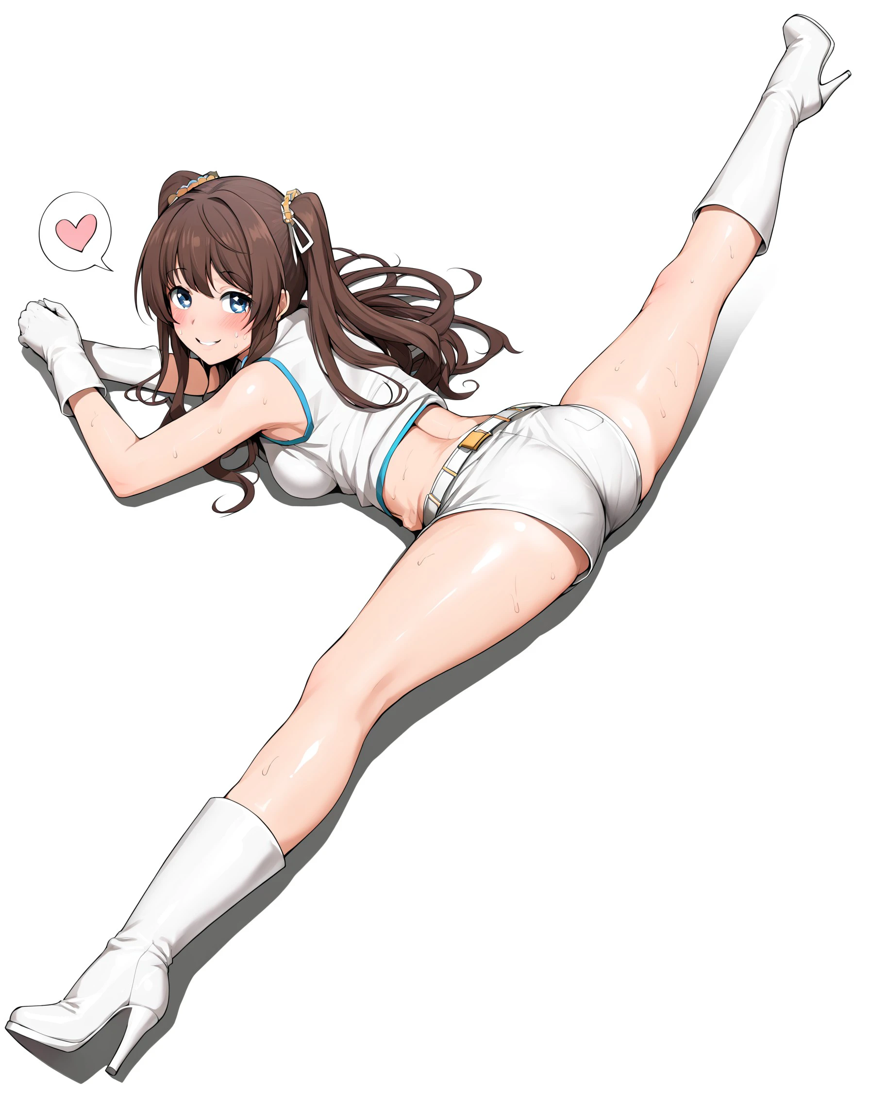 1girl, solo, long hair, looking at viewer, blush, smile, blue eyes, simple background, brown hair, gloves, white background, full body, ass, heart, sweat, boots, lying, shorts, belt, white gloves, spread legs, high heels, short shorts, white footwear, on stomach, spoken heart, high heel boots, stretching, split, ichinose shiki, spread legs, legs apart, Splitting, <lora:7e5b5ca2-94d0-4fd2-a426-431302998444:0.7>