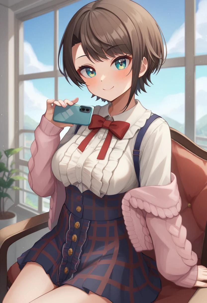 score_9,score_8_up,score_7_up,<lora:virgin_killer_outfit:1>,1girl, aqua_eyes, aran_sweater, blue_skirt, blush, brown_hair, center_frills, chair, commentary_request, frilled_shirt, glass, highres, long_sleeves, looking_at_viewer, medium_breasts, official_alternate_costume, oozora_subaru_\(casual\), phone, pink_sweater, plaid_vest, pleated_skirt, red_bowtie, short_hair, sitting, smile, solo, swept_bangs, virgin_killer_outfit, virtual_youtuber, window