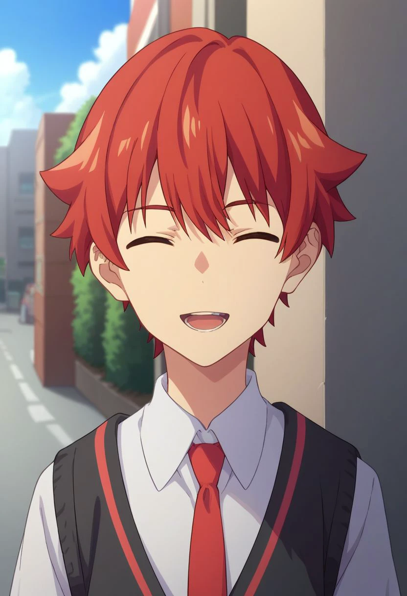 score_9, score_8_up, score_7_up, source_anime, highly detailed, 
yuta, 1boy, male focus, closed eyes, open mouth, red hair, necktie, solo, black pants, shirt, school uniform, pants, red necktie, short sleeves, white shirt, looking at viewer, collared shirt, bangs,
outdoor, street, blue sky, upper body, smile,