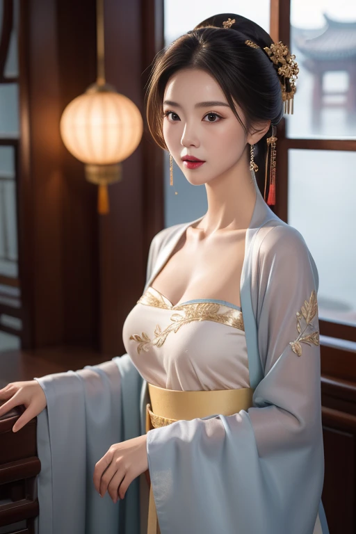 ltra-detailed,highly detailed,best quality,masterpiece,illustration,realistic,photorealistic,
1girl, solo, collarbone, 
keziqun, hanfu, china dress, chinese clothes, sash, see-through, robe, bandeau, 
looking at viewer, upper body, 
indoors, east asian architecture, window, night, lights, city lights, 
 <lora:hanfu_keziqun_v1_04:0.7>