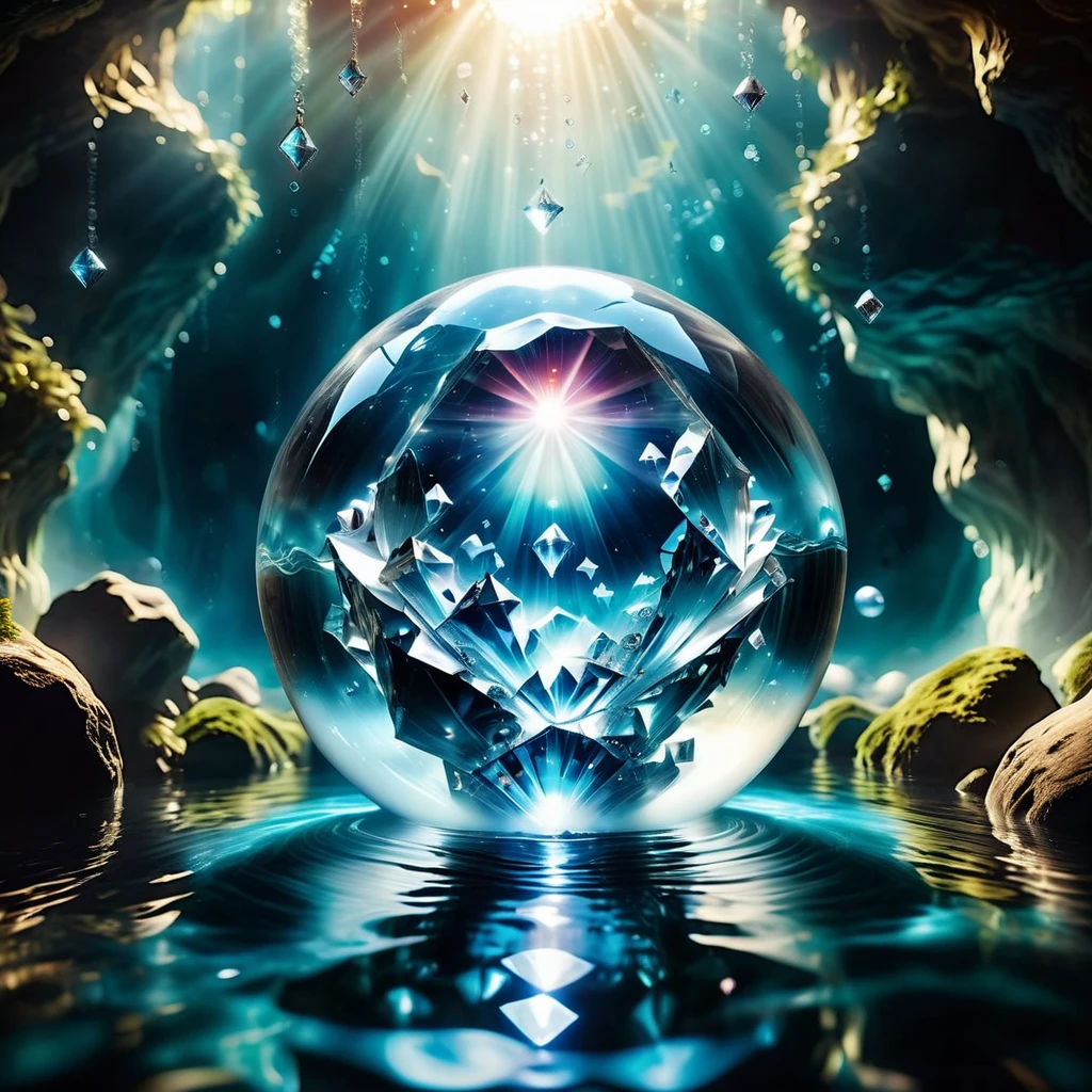 a bunch of Diamonds in the water (((inside))) of a giant Jed-Gball, mystical atmoshpere <lora:Jed-Glassball:0.7>,