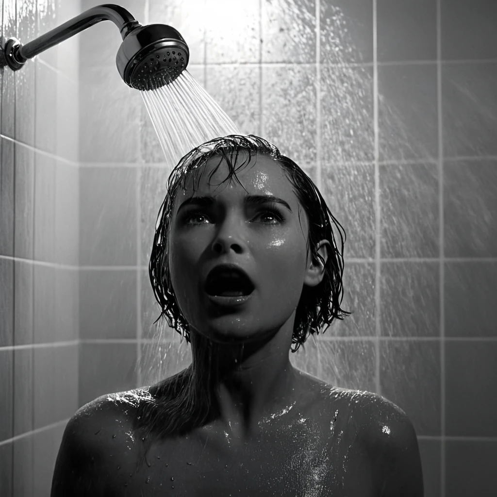 A hyper-realistic black-and-white fashion photograph with the grain of analog film, and high contrast set in a shower with deep navy blue tiles and a black-and-white checkered floor.  the photo is taken from a low angle, capturing the full height and perspective of the window with a close-up of the ass models.  woman fully naked, crawling captured from a low angle to showcase the window behind her. The foreground prominently features her backside standing beneath the running water. The low-angle shot emphasizes the towering presence of the window, with the soft, vintage quality of the Polaroid film adding a nostalgic, dreamy atmosphere. The scene highlights the contrast between the rich blue tiles, the patterned floor, and the cascading water, all framed by the expansive window above, creating a visually striking and fashion-forward image with a timeless, retro feel.

