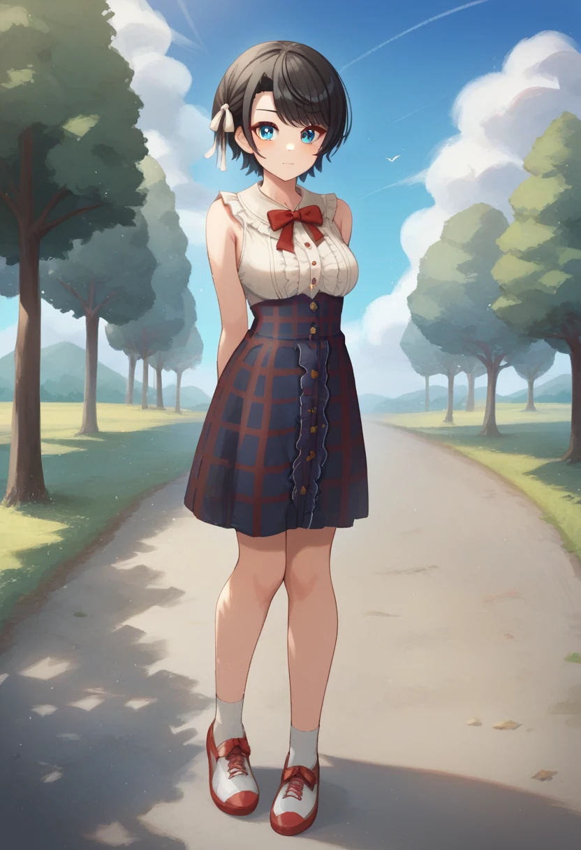 score_9,score_8_up,score_7_up,<lora:virgin_killer_outfit:1>,1girl, arms_behind_back, black_hair, blue_eyes, blue_skirt, blue_sky, center_frills, cloud, commentary_request, cowboy_shot, frilled_shirt_collar, frilled_skirt, hair_ribbon, highres, long_hair, medium_breasts, official_alternate_costume, official_alternate_hair_length, oozora_subaru_\(casual\), outdoors, plaid_skirt, red_bowtie, road, solo, swept_bangs, tree, virgin_killer_outfit, virtual_youtuber, white_ribbon