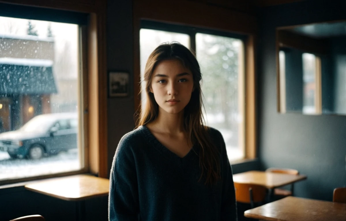 portrait photo, one young woman, film, film grain,, masterpiece, high resolution,
sun light, dark moody, indoor, window, mirror, table, chiar, coffee, snowing, 
 <lora:realfilm xl:.7>, masterpiece, high resolution,