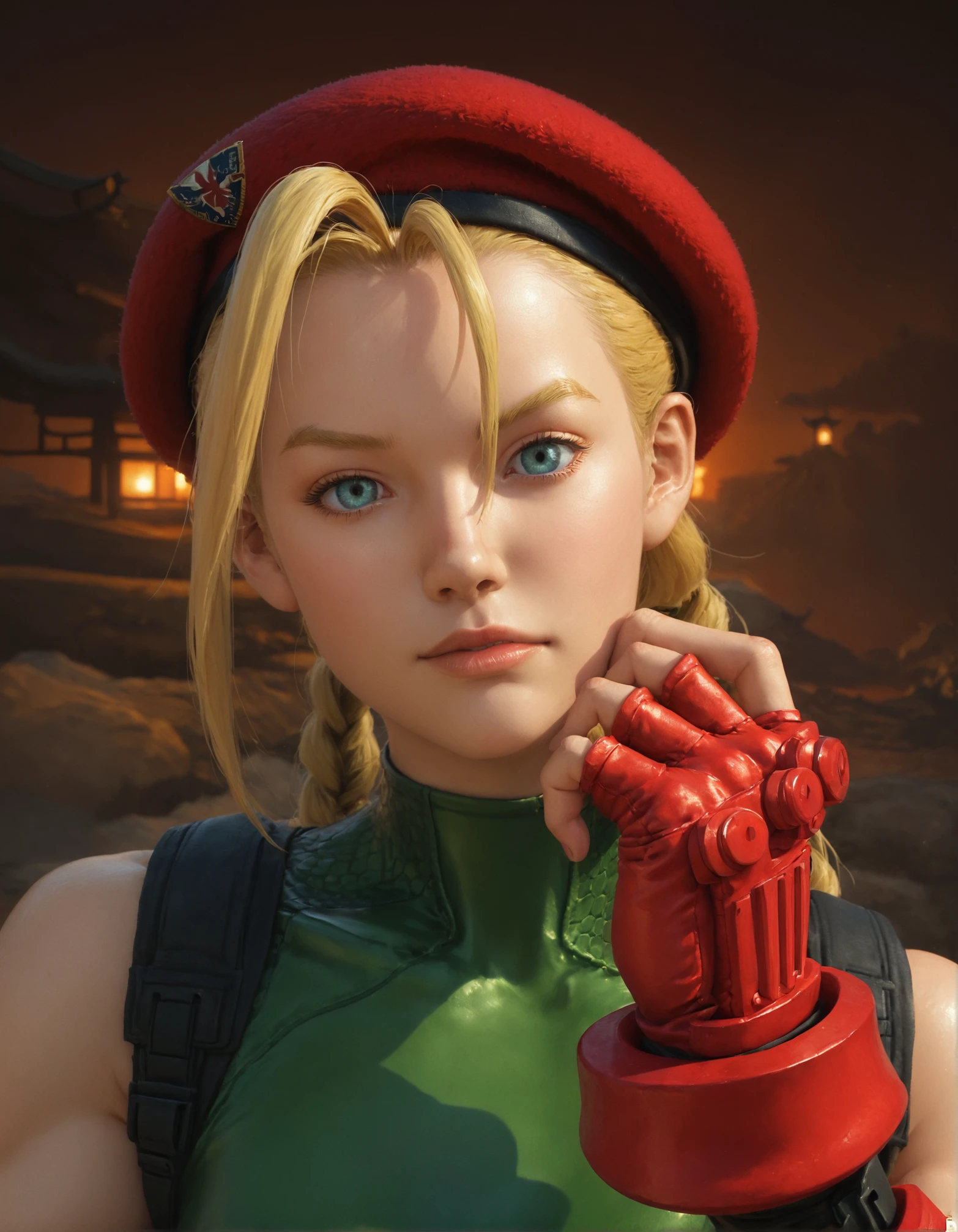 score_9, score_8_up, score_7_up,high res,close-up,pov,digital art,concept art,high resolution,highly detailed,cmw woman, 1girl, solo, blonde hair ponytail,red beret,green leotard,gloves, looking at viewer,close-up,looking at viewer,from side,sunset,in front of a traditional japanese house