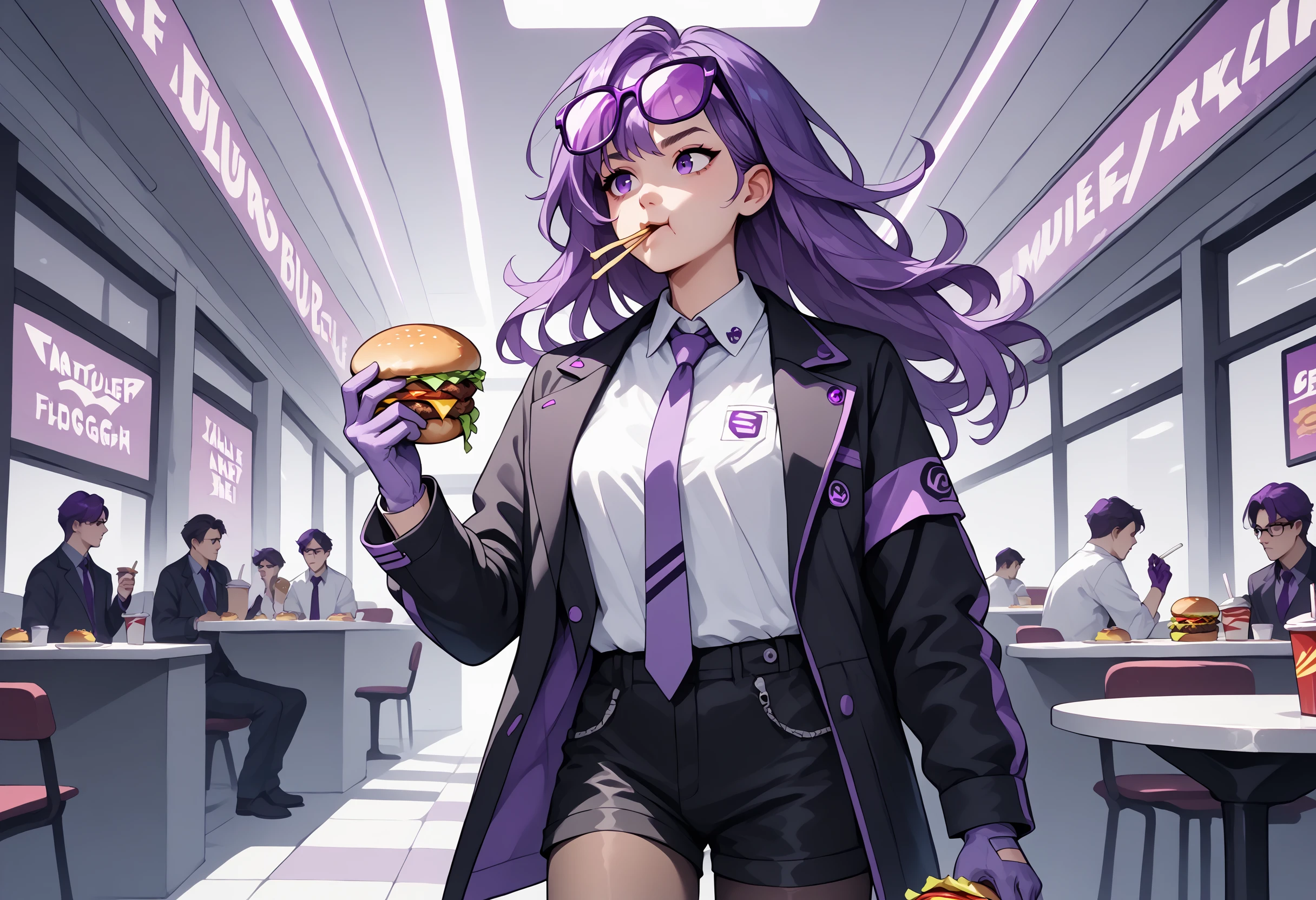 PonyXLV6_Scores BREAK  1girl, black jacket, black shorts, collared shirt, gloves, jacket, long hair, long sleeves, necktie, open clothes, pantyhose, purple gloves, purple hair, shirt, shorts, solo, eyewear on head, white shirt, holding, burger, eating burger, <lora:Virtual_3d_Diffusion_Update:0.5>