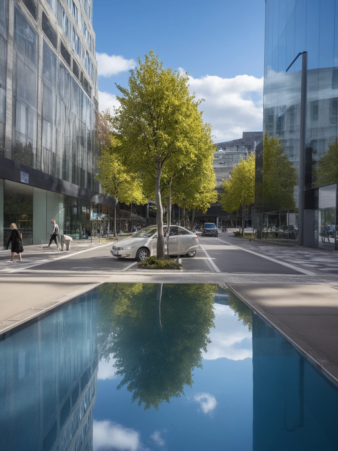 ,outdoors,,sky,day,cloud,bag,tree,ground vehicle,building,scenery,motor vehicle,walking,city,car,road,lamppost,street,crosswalk,real world location, glass, reflection,pool,
 curtain wall,