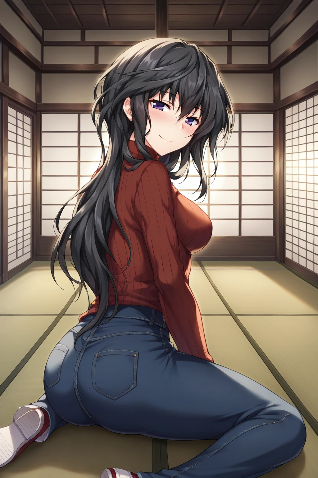 score_9, score_8_up, score_7_up, source_anime, 1girl, prefect lighting, very aesthetic, intricate details, highly detailed background, masterpiece, high quality, prefect hands, best quality, solo,
<lora:Benkei_Majikoi_V1:.7>, black hair, dark purple eyes, long hair, hair between eyes, 
jeans, sweater, long sleeves, turtleneck, 
sitting on floor,  smirk, blush, from behind, 
east asian architecture, dim lighting, inside, morning, 
(Beautiful, medium Breasts:1.2), natural breasts,