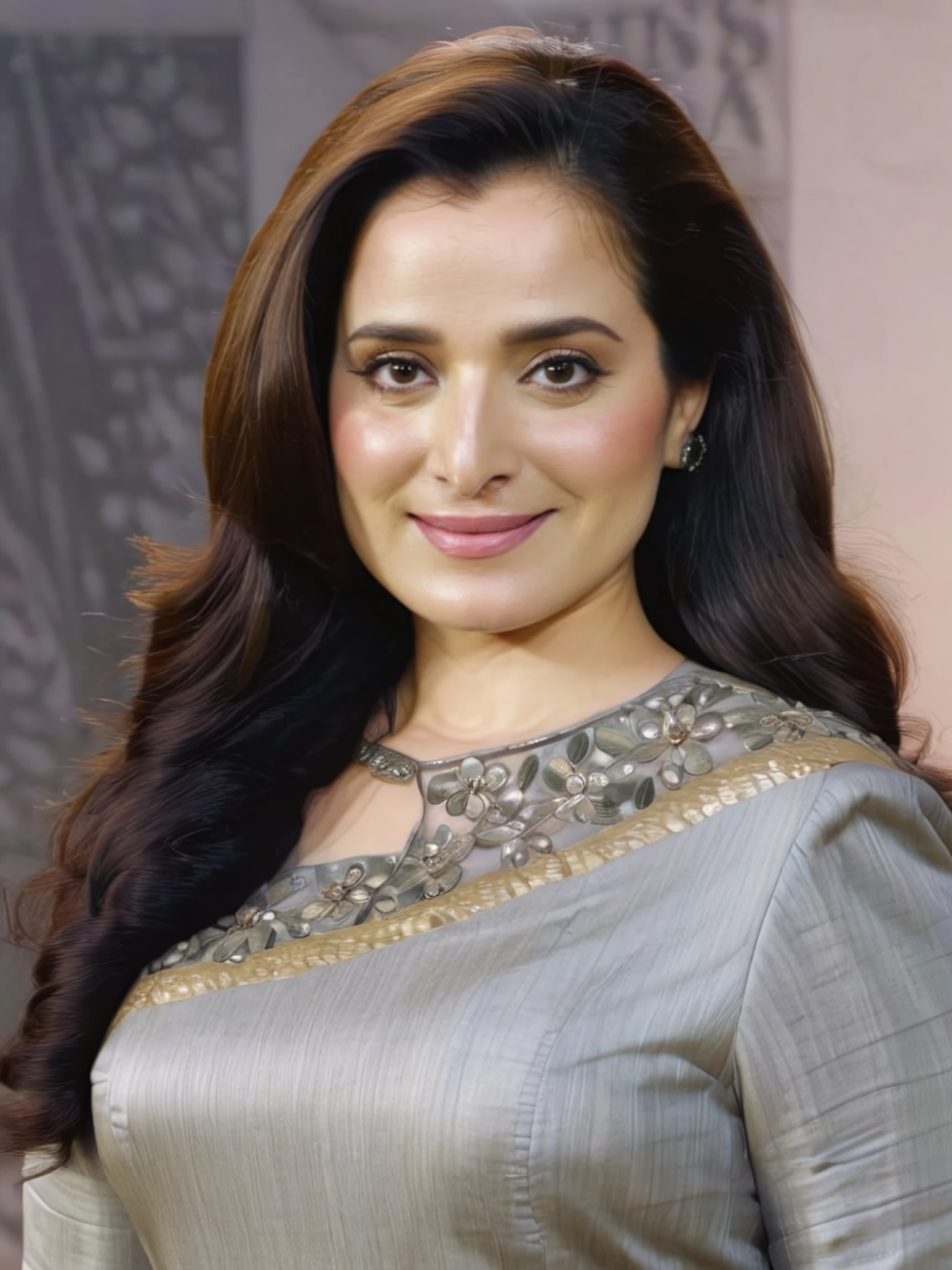 full body photo of Simone Singh woman,  wearing conservative intricate Grey colored clothing, messy hair, smile, looking at the camera <lora:Simone_Singh_SDXL_LoRA_adafactor-000004:1>