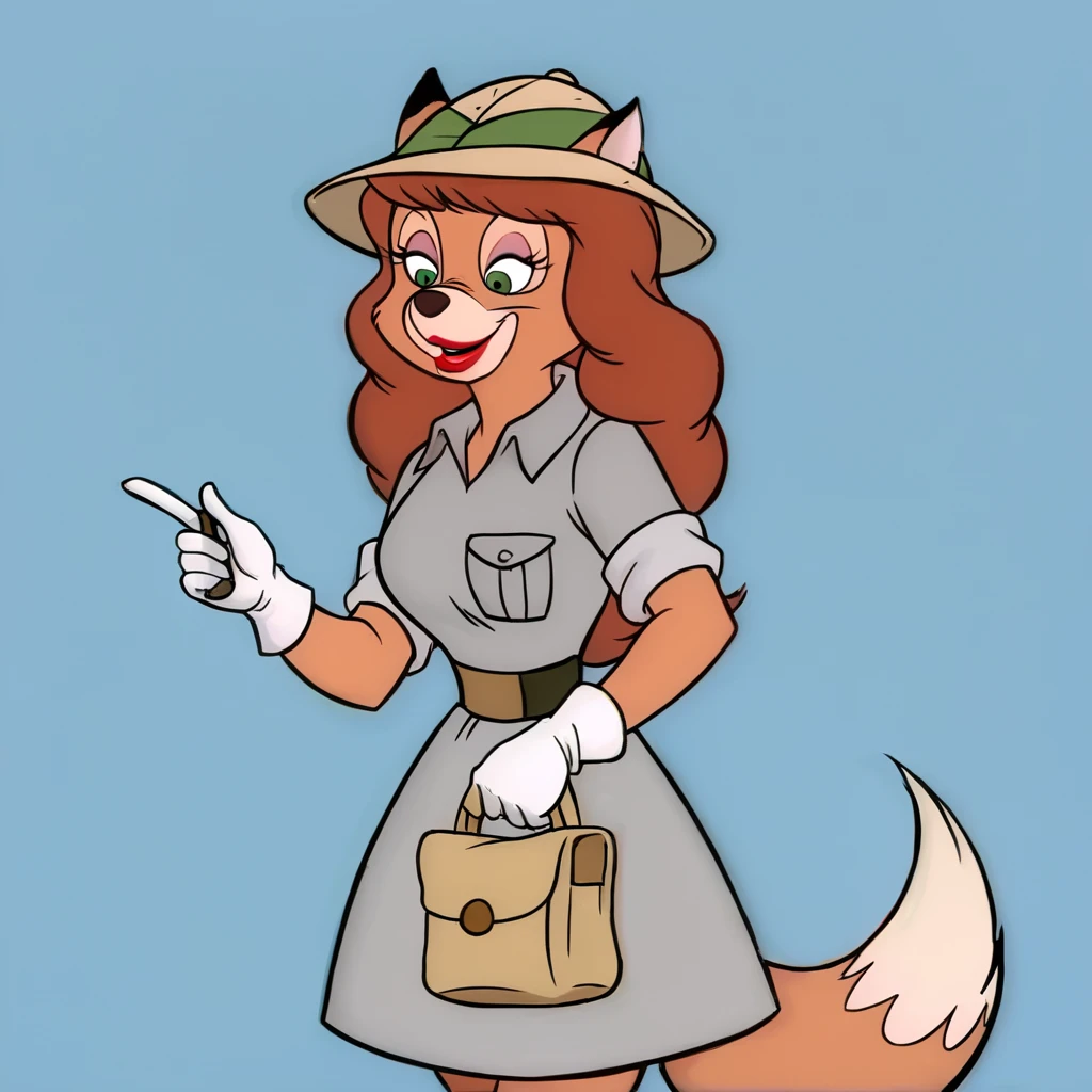 (Source talespin), (rating safe),  <lora:katiedodd:1>, katie dodd, 1girl, solo, long hair, breasts, smile, open mouth, bangs, simple background, shirt, gloves, hat, dress, holding, animal ears, standing, tail, short sleeves, cowboy shot, teeth, white gloves, bag, fox ears, makeup, leaning forward, fox tail, blue background, looking down, half-closed eyes, happy, furry, sun hat, holding bag, ears through headwear, animal nose, grey headwear, yellow headwear, snout, two-tone fur, blue eyeshadow, furry female, fox girl, green eyes, body fur, brown fur, lipstick, red lips