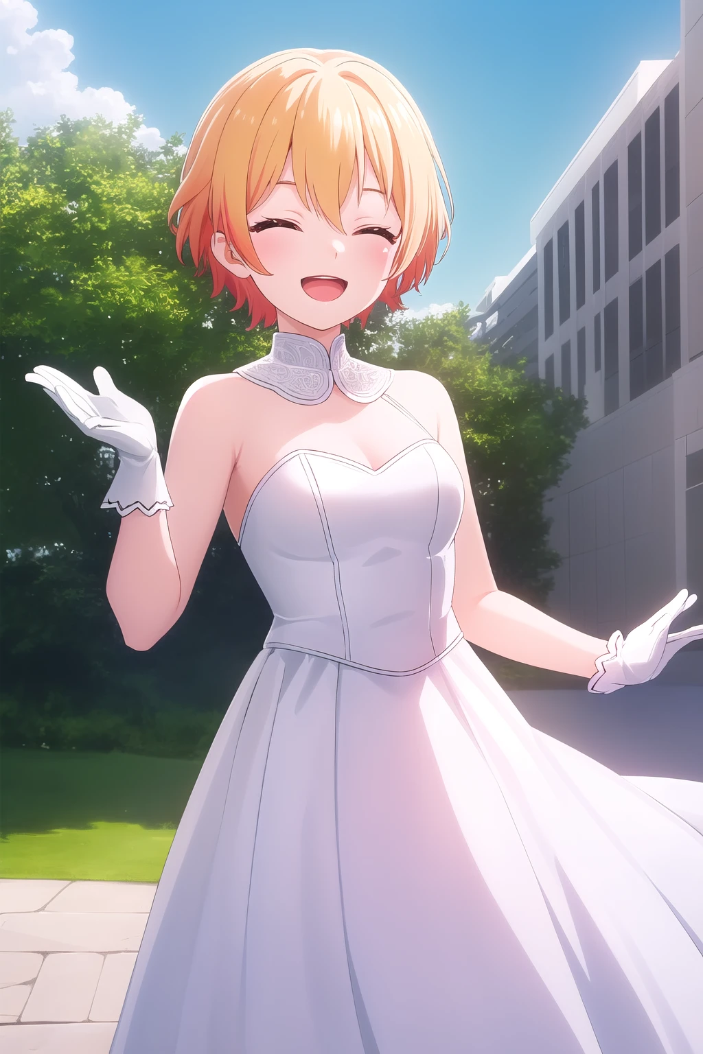 (masterpiece, best quality), highly detailed background, perfect lightingbest quality, saginumariko, solo, outdoors, nature, building, blonde hair, orange hair, hair between eyes, streaked hair, short hair, closed eyes, medium breasts, wedding dress, white dress, white gloves, frilles skirt, smile, open mouth, ^o^,<lora:Saginuma-Riko:0.7>