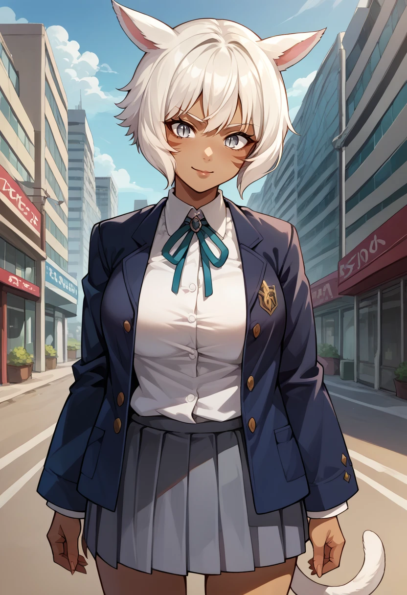 score_9, score_8_up, source_anime, 1girl, solo, shtla, dark-skinned female, slit pupils, animal ears, tail, whisker markings, short hair, large breasts, grey eyes, white hair, SakuragaokaWinter, sakuragaoka high school uniform, open jacket, blue jacket, white shirt, long sleeves, neck ribbon, grey skirt, outdoors, city, smirk, <lora:ChamSakuragaokaHighPonyXL:0.8>, <lora:YshtolaRhulPDXL_V1-Manityro-CAME:1>