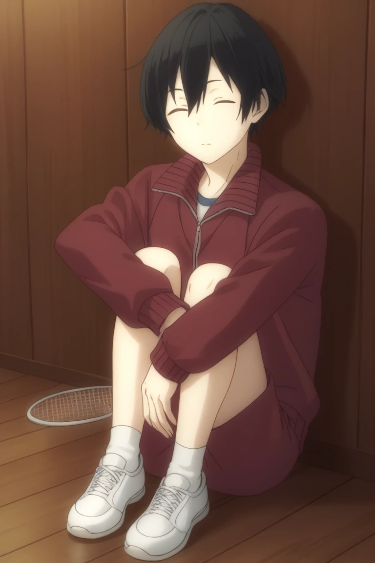 score_9, score_8_up, score_7_up, score_6_up, detailed, intricate details,cowboy shot,best quality ,source_anime, male focus,
tanaka, black hair, black eyes, red jacket, tack suit, solo, 1boy, racket, closed eyes, male focus, sitting, shoes, jacket, track suit, sleeping, hugging own legs, sneakers, short hair, shorts, track jacket, socks<lora:EMS-406400-EMS:1.000000>