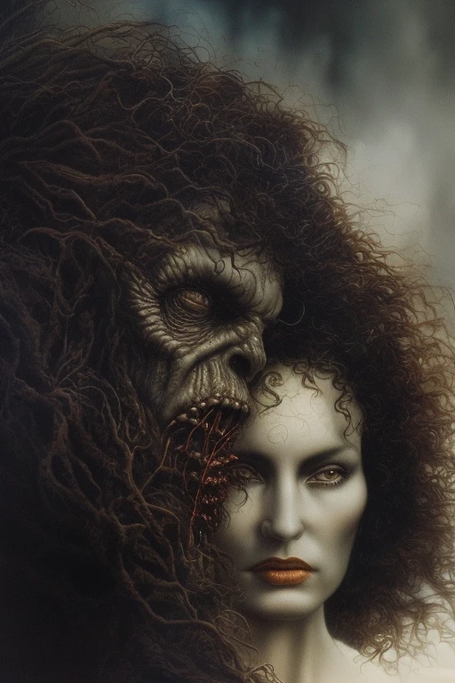 LR_arcstl,close-upclose-up, In Rayo's work, A woman with long, curly hair and a serene expression is being embraced by a dark, monster creature behind her. The creature has a grotesque, humanoid face with a bald, textured head and large, round eyes. Its clawed hands wrap around the woman, giving an eerie and contrasting presence to her calm demeanor. The setting is dark and mysterious, creating a haunting and surreal atmosphere. <lora:lord_of_the_rings_offset:0.7>