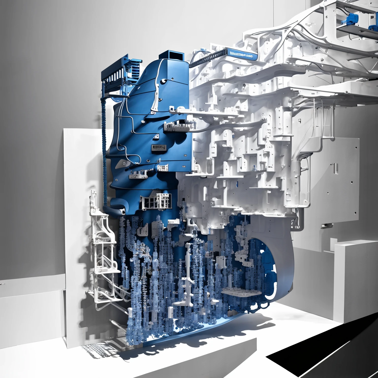 a sculpture of a church, blue futuristic add-on build in the existing cityscape, architectural model, 3d printing, (kitbashing:1.2), (kubakub:1.2), infrastructure hanging from the facade, growing shapes, machines underneath the structure, collective housing, morphing forms, highly detailed, 4K, (natural light:1.1), cinematic shot, focused building,