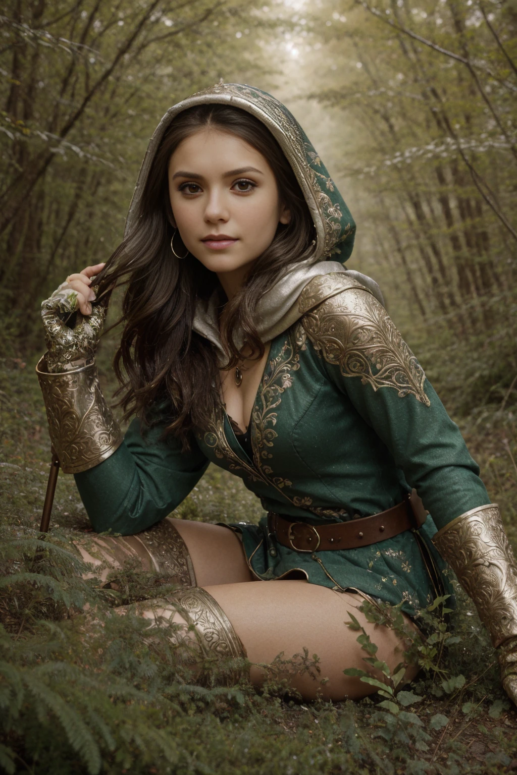 best quality, masterpiece, (<lora:opt-ninadobrev2010-2015:1>opt-ninadobrev2010-2015, brown eyes, brown hair) in the style of j.r.r. tolkien, Style-GravityMagic, looking at viewer, solo, from front, front view, (full body:0.6), detailed background, detailed face, (<lora:WorldofWater:0.6>, worldofwater theme:1.1), forest ranger, light smile, immersed in nature, sitting, medieval fantasy setting, high fantasy, green embroidered leather clothes, gloves, hood, belt, enchanted forest, moss, , , bushes, , oak trees, ravine, birds, spear, swirling elemental spirits, fog,, <lora:ReaLora:0.8> <lora:detail_slider_v4:1>