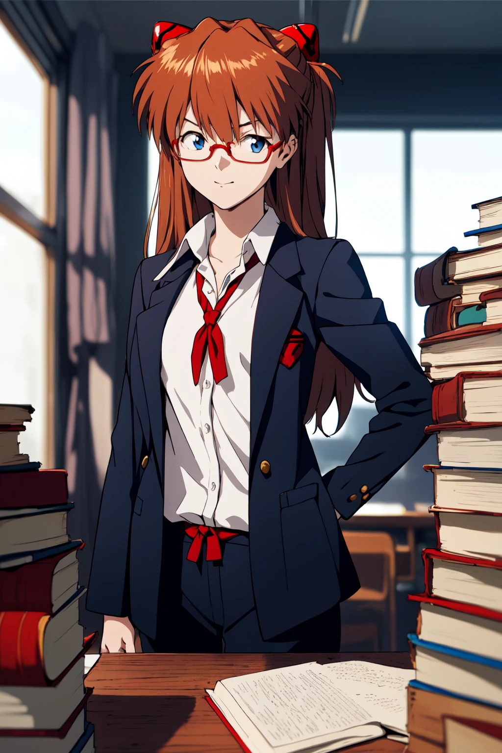 (RAW photo, best quality), 1girl,  natural lighting <lora:asuka_v1_2:0.9> ppasuka, blazer, school unform, glasses, books,