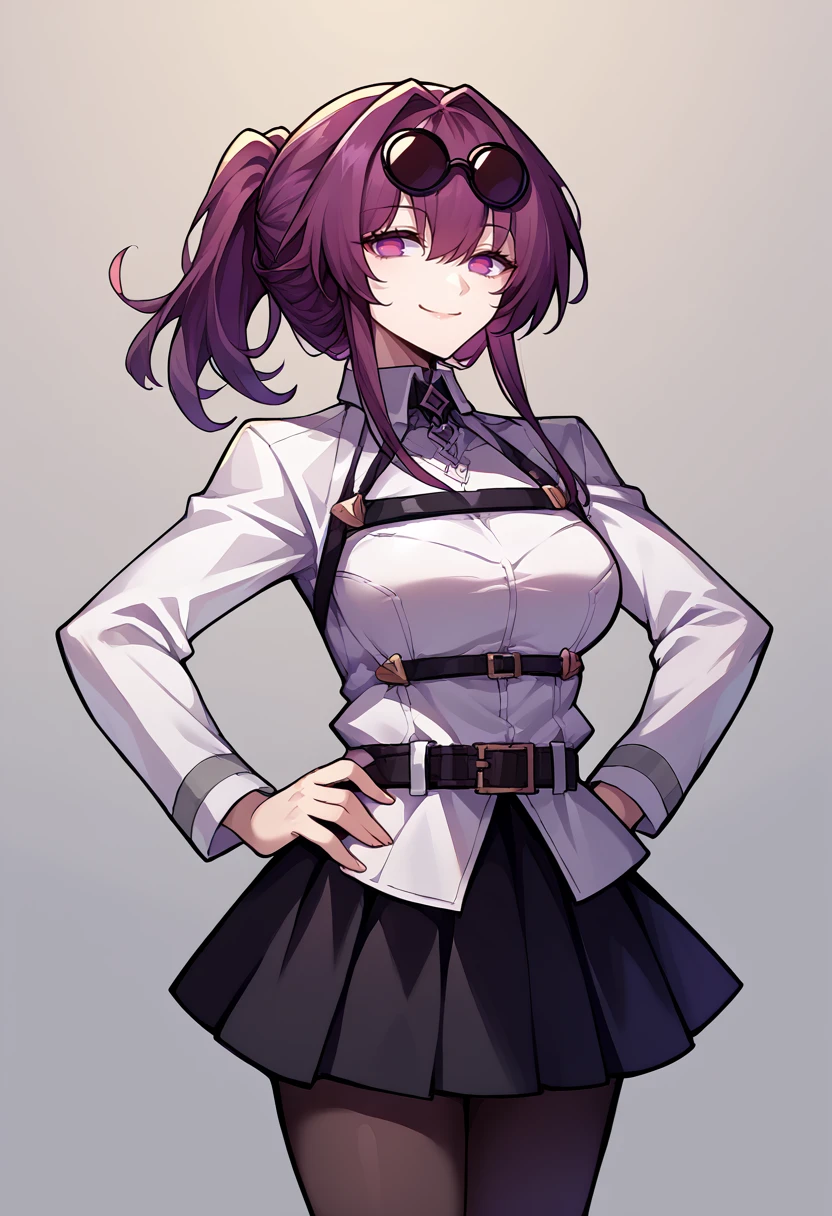 score_9, score_8_up, source_anime, 1girl, solo, KafkaHSR, purple eyes, long hair, ponytail, sidelocks, sunglasses on head, ChaldeaUniformFemaleUniform, chaldea uniform, belt, black skirt, black pantyhose, hands on hips, smile, <lora:ChamChaldeaUniformPonyXL:1>, <lora:ChamKafkaHSRPonyXL:1>