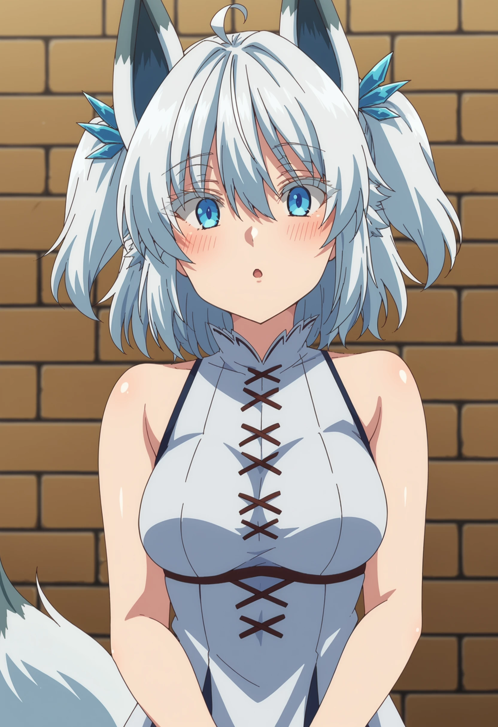 EBSetsuna, 1girl, solo, looking at viewer, blush, short hair, open mouth, blue eyes, dress, holding, animal ears, hair between eyes, bare shoulders, twintails, tail, upper body, ahoge, white hair, parted lips, sleeveless, white dress, blurry, :o, two side up, fox ears, sleeveless dress, fox tail, eyes visible through hair, dragon horns, dragon girl, dragon tail, brick wall, anime coloring, medium breasts, thick thighs, 
 <lora:Setsuna:1> <lora:xl_more_art-full_v1:0.8>