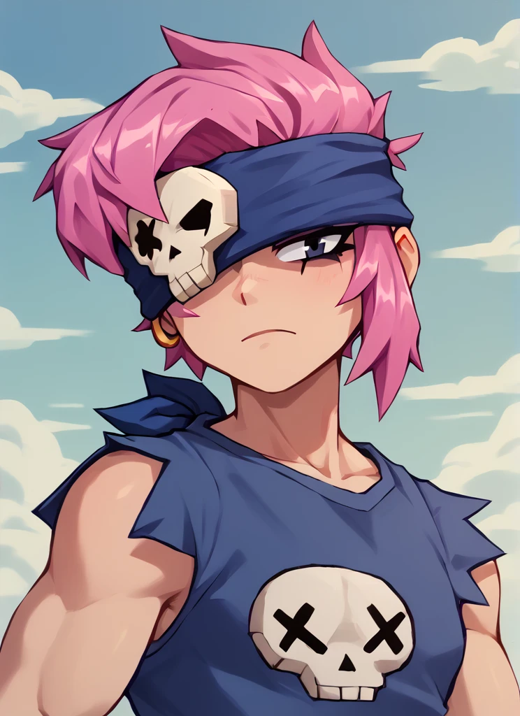 score_9, score_8_up, score_7_up,   <lora:bspenny:1> bspenny ,1girl , pink hair , short hair, black eye ,   bandana,  one eye covered ,  skull  ,hairband  , eyepatch,