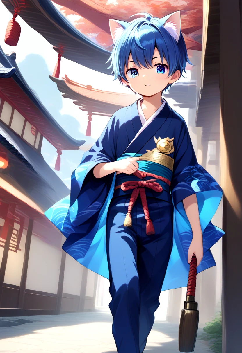 score_9, score_8_up, score_7_up, rating_safe, BREAK
straight on shot, standing,detailed eyes, village,
<lora:cutifiedanimecharacterdesign_variant_type_G_PonyXL_v10:1>, 1boy, type-g,  cat boy, blue hair,  Kimono long pants