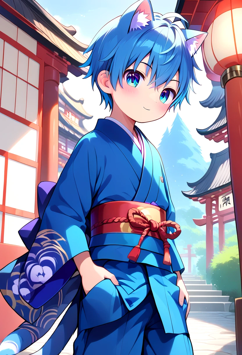 score_9, score_8_up, score_7_up, rating_safe, BREAK
straight on shot, standing,detailed eyes, village,
<lora:cutifiedanimecharacterdesign_variant_type_G_PonyXL_v10:1>, 1boy, type-g,  cat boy, blue hair,  Kimono long pants