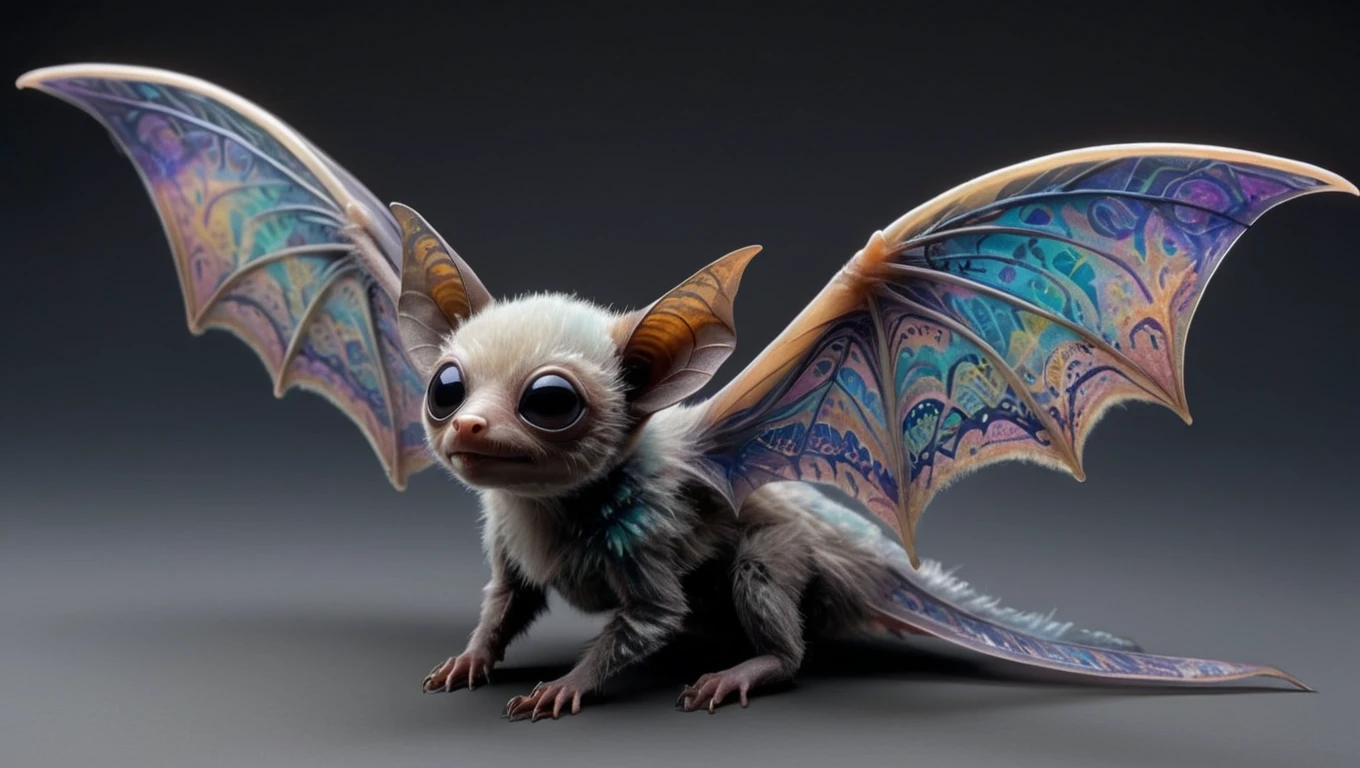 <lora:artfullySGLIDER_SDXL_V1:1>, Skybound Glider: A small, bat-like mammal with membranous wings that are semi-transparent and adorned with vibrant patterns. Its body is covered in soft, iridescent fur that changes color with its emotions. It emits a melodic call that resonates through the alien forests.