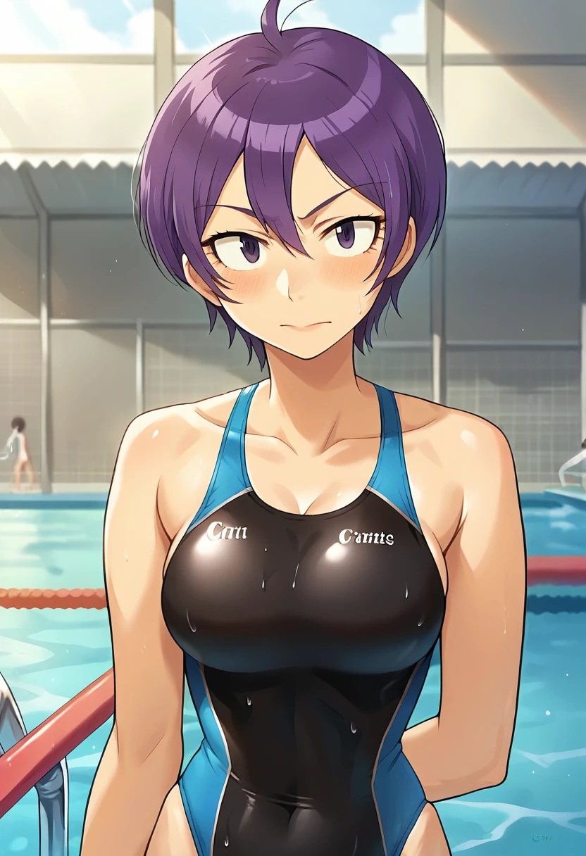 Soifon,Black Hair,Blue Eyes、 hair bow, bow, red bow, (Small breasts:1.5)、
break,Detailed design of competitive swimsuit(Pink and purple lines):1.6、
break looking at viewer, whole body,
Dark gymnasium warehouse、Lie on a gymnastics mat、
break (masterpiece:1.2), highest quality, High resolution, unity 8k wallpaper, (shape:0.8), (Beautiful and beautiful eyes:1.6), Highly detailed face, Perfect lighting, Highly detailed CG, (Perfect hands, Perfect Anatomy)、、Sweaty、whole bodyポートレート、Soifon looks embarrassed、A fawning, subservient smile:1.2、blush:1.3、Sweaty:1.3、whole body像、Sweaty outfit、Hollow Eyes、A smile that appeals to men:1.3
