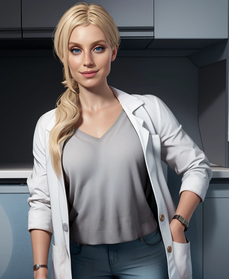 annette,blue eyes,blonde hair,hair over shoulder
labcoat,white shirt,wristwatch,pants,
lab,standing,upper body,light smile,
(insanely detailed,  masterpiece, best quality),solo,<lora:annettebirkinR:0.9>,