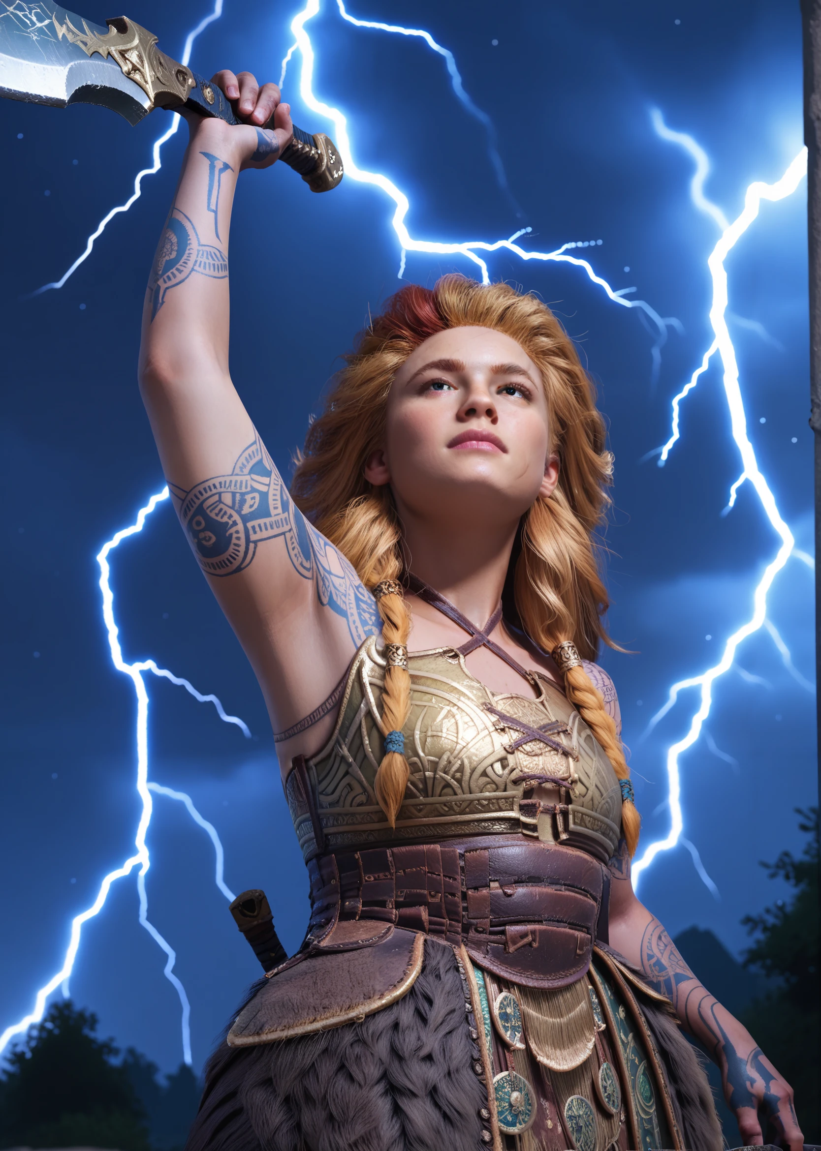 <lora:Thrúd_Thorsdóttir:0.95> thrud, 1girl, braid, one arm up ((holding a blade up)), (Straight arm) solo, blonde hair, tattoo, sky, night, lightning, long hair, score_9, score_8_up, score_7_up, score_6_up, score_5_up, score_4_up