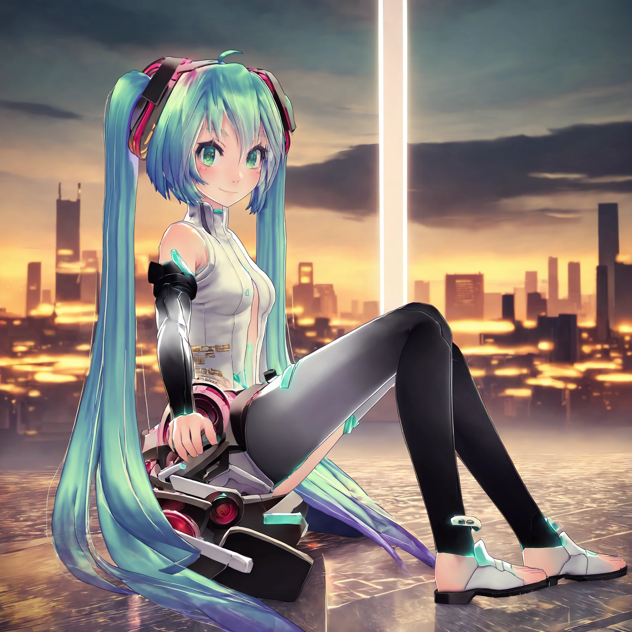 score_9, score_8_up, score_7_up,
masterpiece, best quality,highres, absurdres, very authentic,18yo,3d,
1girl,solo,  <lora:TDAmiku:1>,mikutda,hatsune miku,hatsune miku \\(append\\),twintails,vocaloid append,long hair,ahoge,aqua hair,aqua eyes,
sitting,from right side, full body, looking at viewer, smile, blush, facing viewer, cyberpunk city background,