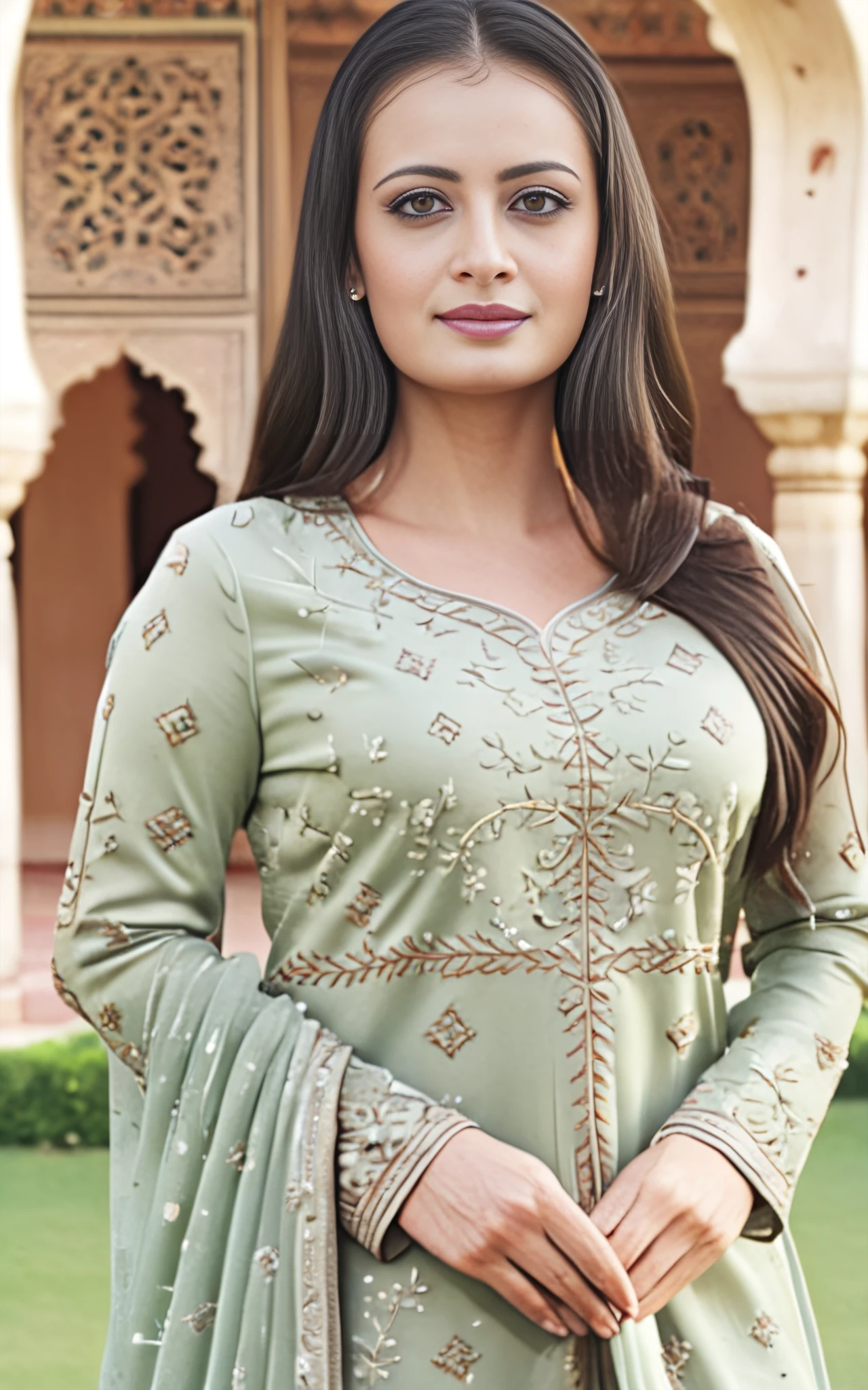 full body photo of dia mirza woman, solo, wearing conservative intricate Sage colored clothing, , , looking at the camera, background bokeh  <lora:Dia_Mirza_SDXL_LoRA_adafactor:1>