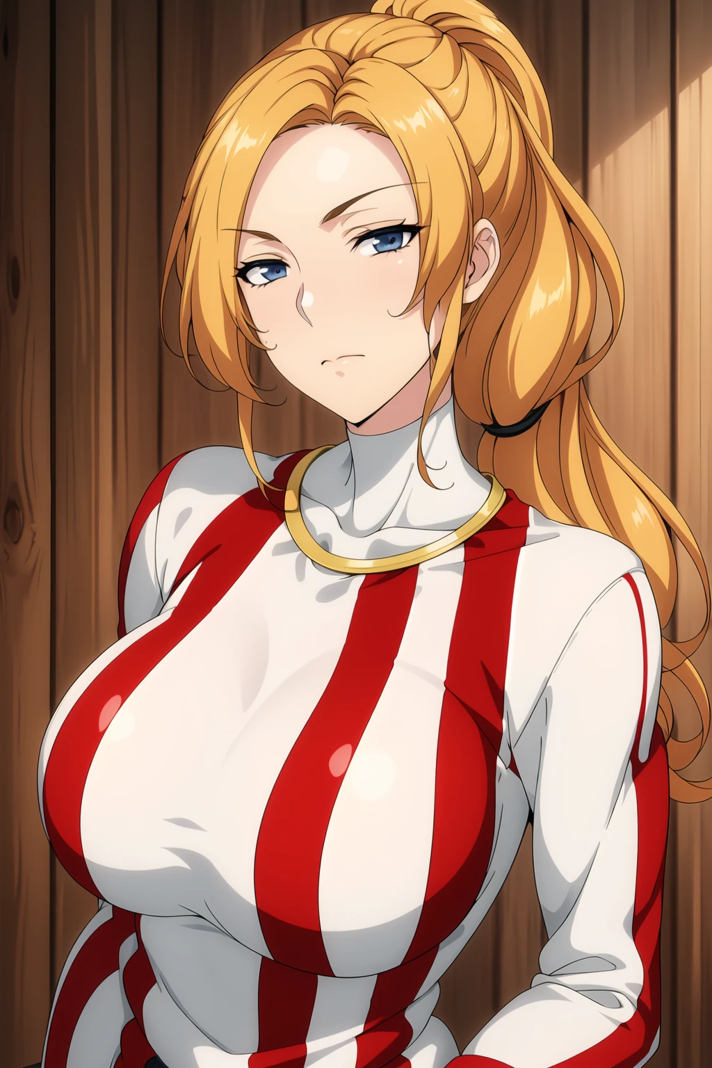 Simple White Background,
dynamic pose,standing at attention,
White and red striped shirt , long sleeves, baseball glove,
<lora:Radia_Maxi_IsekaiHarem-KK77-V1:0.7>,
blue eyes, blonde hair,bangs,Long hair,low ponytail, 
<lora:more_details:0.1>,<lora:Oda_Non_Style-KK77-V2:0.3>,<lora:Sexy_AIart-KK77-V1:0.3>,
1 girl, 20yo,Young female,Beautiful long legs,Beautiful body,
Beautiful Nose,Beautiful character design, perfect eyes, perfect face,expressive eyes,perfect balance,
looking at viewer,(Focus on her face),closed mouth, (innocent_big_eyes:1.0),(Light_Smile:0.3),
official art,extremely detailed CG unity 8k wallpaper, perfect lighting,Colorful, Bright_Front_face_Lighting,White skin,
(masterpiece:1.0),(best_quality:1.0), ultra high res,4K,ultra-detailed,
photography, 8K, HDR, highres, absurdres:1.2, Kodak portra 400, film grain, blurry background, bokeh:1.2, lens flare, (vibrant_color:1.2),professional photograph,
(Beautiful,large_Breasts:1.4), (beautiful_face:1.5),(narrow_waist),